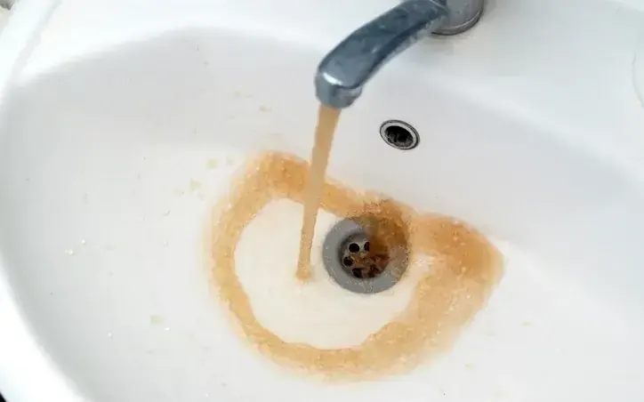 Brown rusty water running from bathroom tap into white sink — iron-fouled softener resin or resin breakdown causing discoloured water