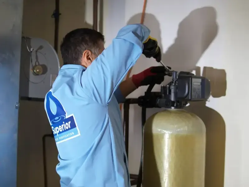 Superior Water Purification technician adjusting water softener control valve in Ontario home — branded uniform, in-home service
