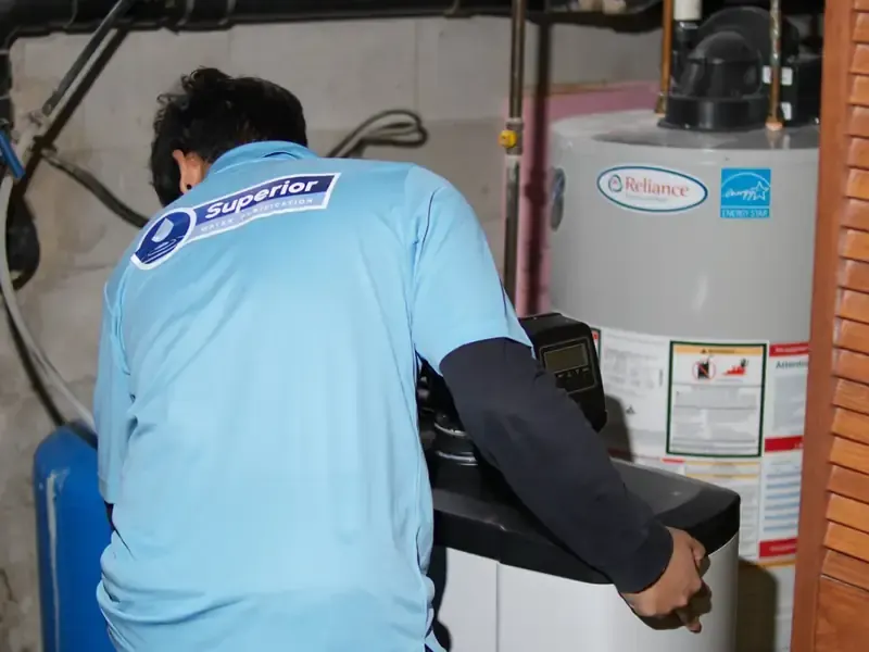 Superior Water technician servicing water softener installed next to Reliance water heater in Ontario basement