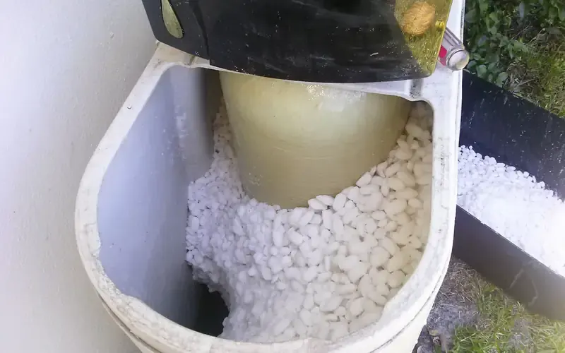 Salt bridge formed inside water softener brine tank — solid crust of salt around the well, blocking brine from reaching the resin tank
