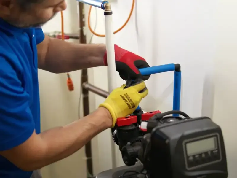 Technician installing Fleck control valve and bypass connections on water softener with PEX plumbing
