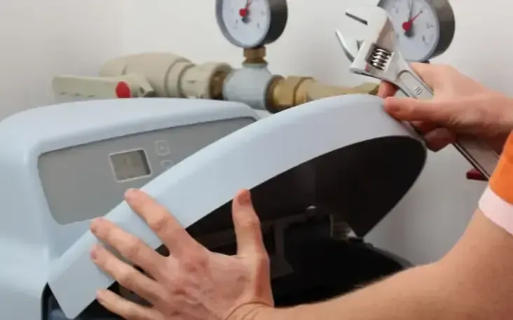 Technician opening water softener cover to access control valve — softener not regenerating, valve service in progress
