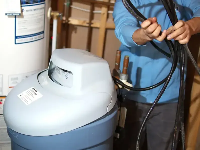 Technician replacing brine line and tubing on Kenmore water softener — Ontario service call
